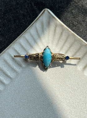 兰子 vintage 古着 复古 老首饰 海蓝色 梭形 镂空 徽章 胸针