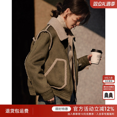 XWI欣未通勤简约拼接撞色皮毛一体外套女秋冬麂皮绒加厚夹克外套