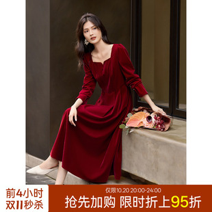 XWI欣未圣诞穿搭红色赫本风小方领连衣裙女秋冬收腰显瘦气质长裙