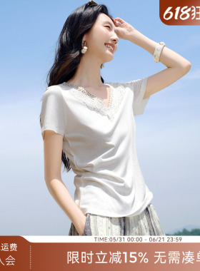 XWI欣未轻云纱白色蕾丝短袖T恤女2026年夏季修身显瘦通勤百搭上衣