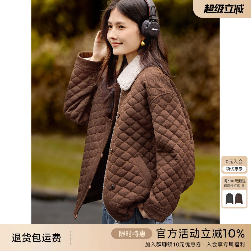 XWI欣未羊羔毛撞色菱形格翻领棉衣女2025年冬季温柔减龄棉服外套