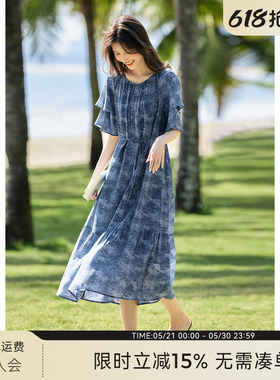 XWI欣未法式牛仔印花连衣裙女2025年夏季暑期出游度假风蓝色裙子