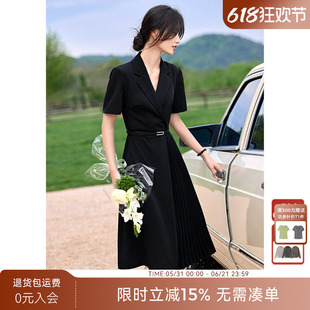 新款 收腰显瘦压褶设计轻职场小黑裙 连衣裙女夏季 XWI欣未通勤西装