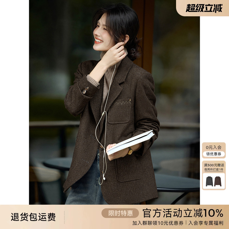 XWI欣未复古英伦刺绣西装外套女2025年秋冬优雅大方得体西服上衣