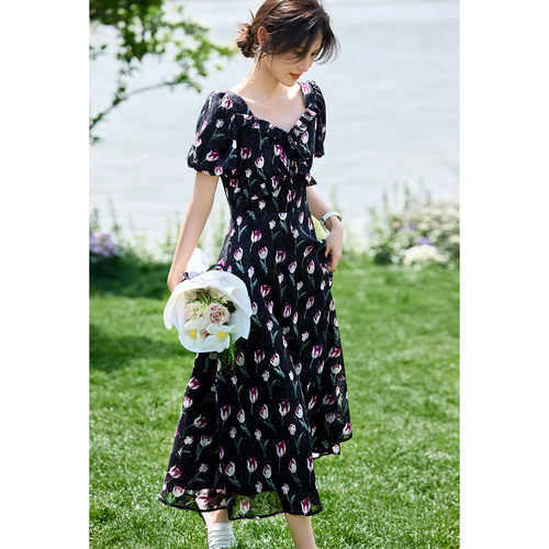 XWI/欣未法式复古印花连衣裙女夏