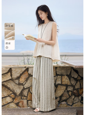[洱语系列]XWI欣未含亚麻无袖上衣时尚套装女夏季清凉松弛两件套