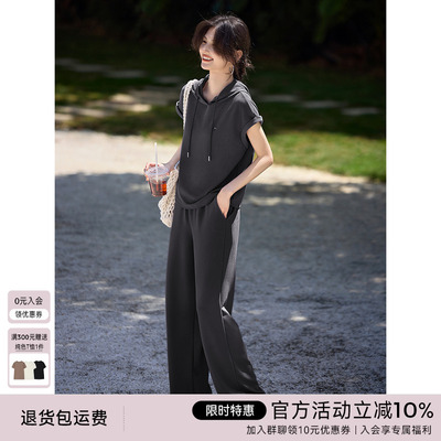 XWI欣未纯色时尚休闲运动套装女2025夏季连帽短袖卫衣裤子两件套