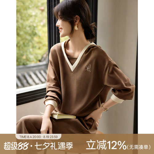 XWI欣未美拉德休闲设计感连帽卫衣套装女秋新款慵懒风一整套穿搭