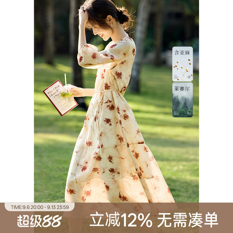 XWI欣未莱赛尔落日玫瑰印花连衣裙女2026早秋温柔度假收腰显瘦裙图片
