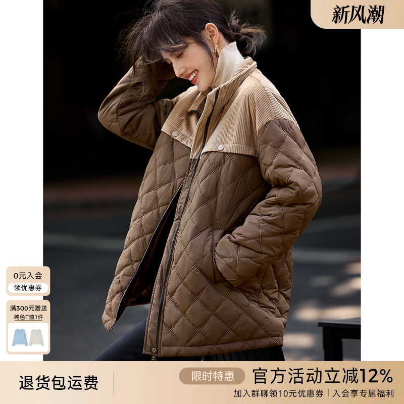 XWI欣未复古拼接中长款棉衣棉服女士2024冬季轻盈松弛感夹棉外套