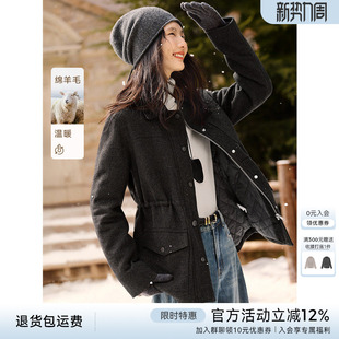 XWI欣未巴恩风含羊毛翻领大衣女2025冬季 收腰显瘦设计感毛呢外套