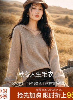 XWI欣未100%羊毛衫连帽针织毛衣