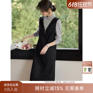 XWI欣未知性优雅假两件拉链V领连衣裙女2025秋冬正式场合气质裙子