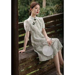 碎花盘扣A字裙摆连衣裙 新款 XWI欣未新中式 国风气质裙子2024年夏季