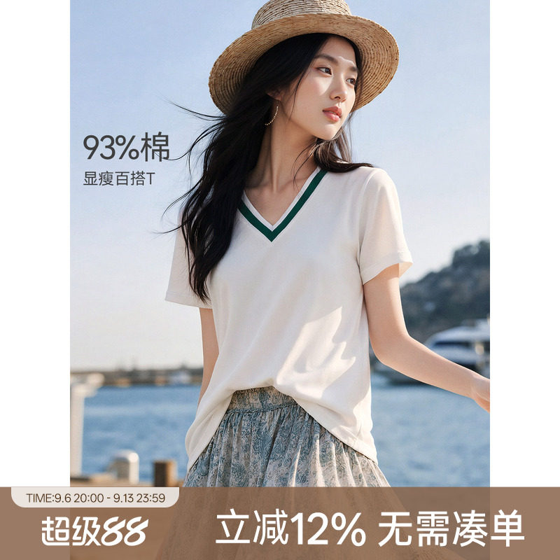 XWI欣未气质显瘦短袖V领T恤上衣图片