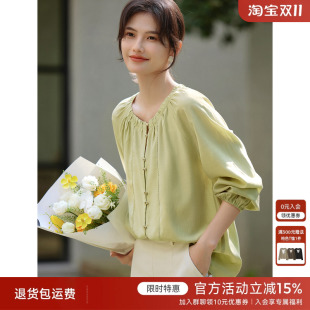 宽松减龄绿色上衣 女2025春季 XWI欣未优雅泡泡袖 花边拼接镂空衬衫