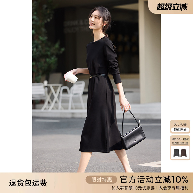 XWI欣未轻休闲优雅赫本风连衣裙女2025年春季棉质收腰显瘦小黑裙