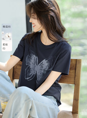 【花间蝶影】XWI欣未渐变蝴蝶印花图案短袖T恤女夏季通勤百搭上衣