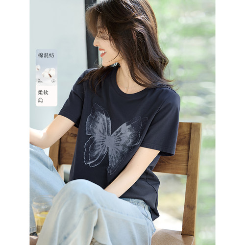 【花间蝶影】XWI欣未渐变蝴蝶印花图案短袖T恤女夏季通勤百搭上衣