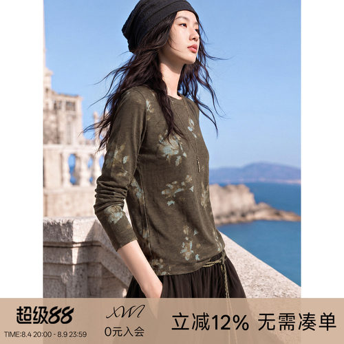 XWI欣未新中式圆领T恤长袖上衣女