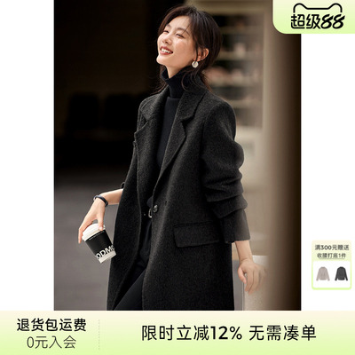 XWI欣未一手长双面100%全羊毛大衣女秋冬正式场合西装式毛呢外套