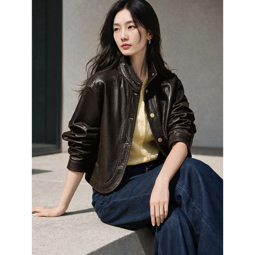 XWI欣未复古做旧短款外套皮衣女