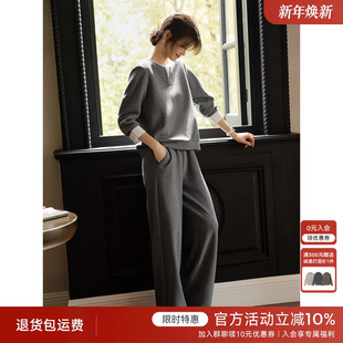 两件套 灰色宽松上衣直筒裤 XWI欣未休闲运动假两件卫衣套装 女秋季
