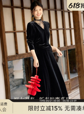 XWI欣未赫本风蕾丝拼接黑色连衣裙女春过年战袍收腰显瘦气质长裙