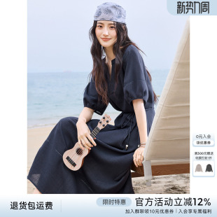 系带收腰显瘦裙 新款 XWI欣未优雅V领仿麻感减龄泡泡袖 连衣裙女夏季