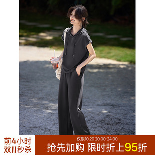 XWI欣未纯色时尚休闲运动套装女2026夏季连帽短袖卫衣裤子两件套
