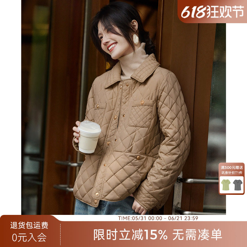 XWI欣未小香风翻领短款菱形格棉服女2025年冬季简约百搭气质棉袄