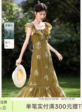 XWI欣未法式优雅刺绣荷叶领连衣裙女2025夏季绿色独特漂亮掐腰裙