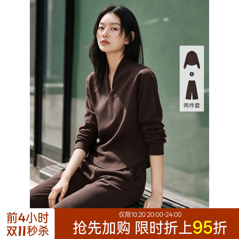 XWI欣未半拉链短款卫衣阔腿裤套装女2026秋季新款休闲通勤两件套