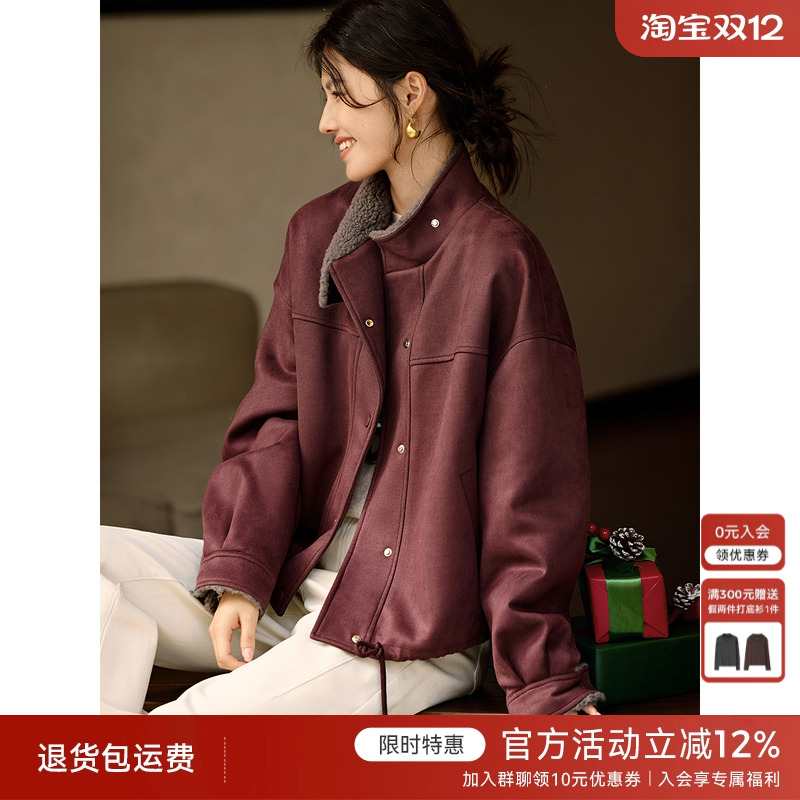 XWI欣未安可拉红麂皮绒夹棉外套女2025冬季宽松显瘦保暖夹克上衣