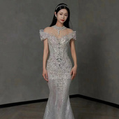 韩式 鱼尾婚纱2024新款 新娘结婚礼服女重工奢华一字肩鱼尾礼服包臀