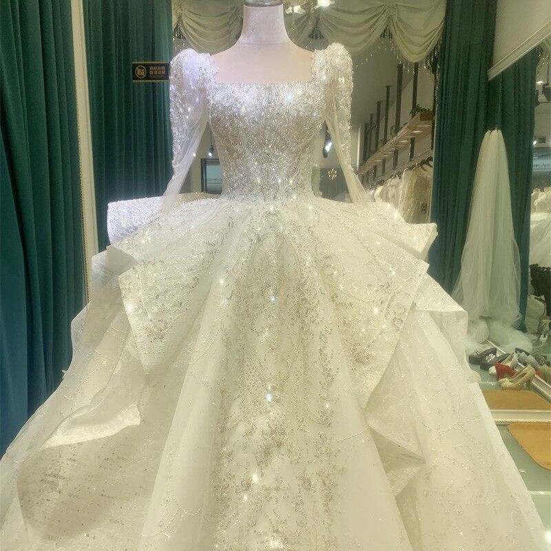 婚纱2024新款新娘重工长袖长拖尾U领气质宫廷风