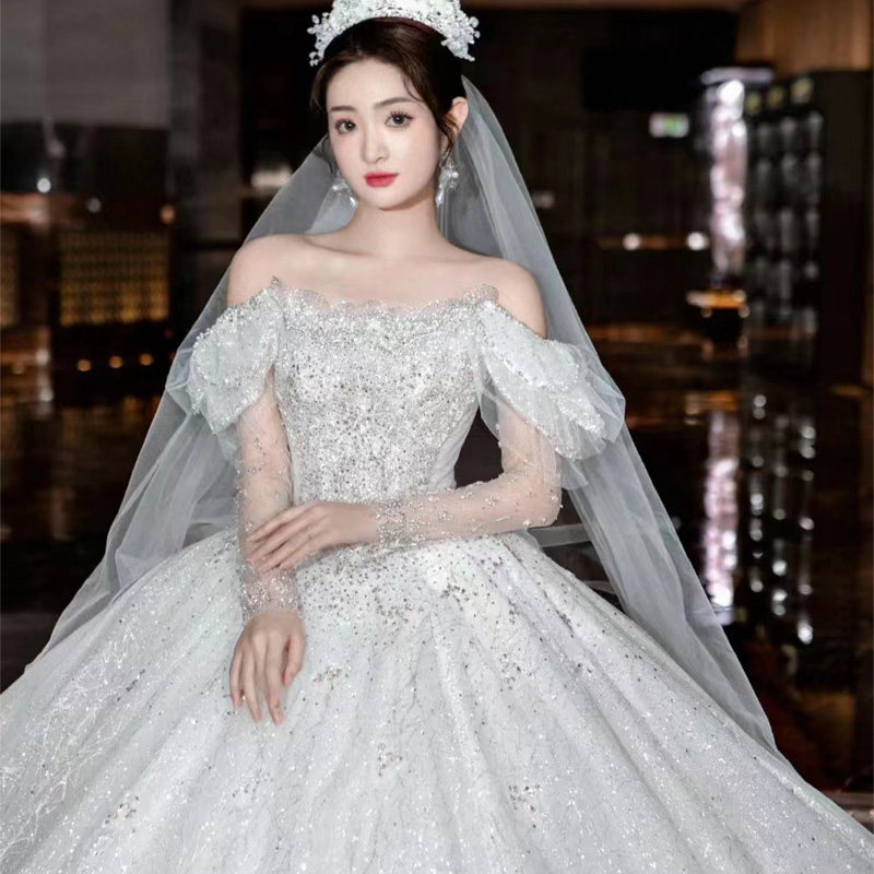 大码小个子结婚婚纱新娘2024重工一字肩婚纱主纱婚礼主婚纱高端女