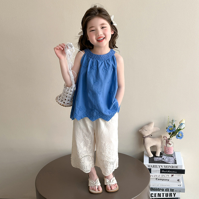 女童夏季套装2026新款洋气女孩夏天时髦背心儿童女宝宝孔雀蓝夏装