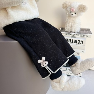 加厚绒女童裤子女宝宝2025新款儿童秋冬季假两件一体绒加绒直筒裤