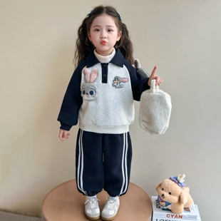 女童兔子卫衣套装冬装宝宝洋气加厚兔子警官运动两件套秋冬季加绒