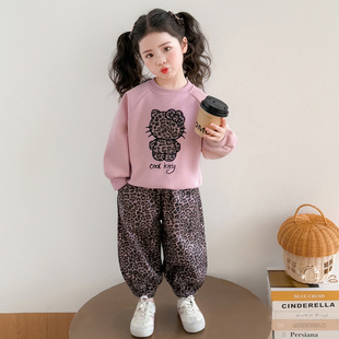 女童春秋款套装2026新款洋气时髦儿童女宝宝春季春装豹纹猫咪卫衣