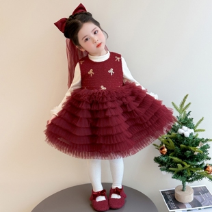 女童连衣裙蝴蝶儿童秋冬季拜年服过年衣服新年红色女宝宝裙子冬装