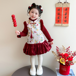 女童连衣裙冬季2025新款儿童女宝宝红色锦鲤中国风旗袍裙子拜年服