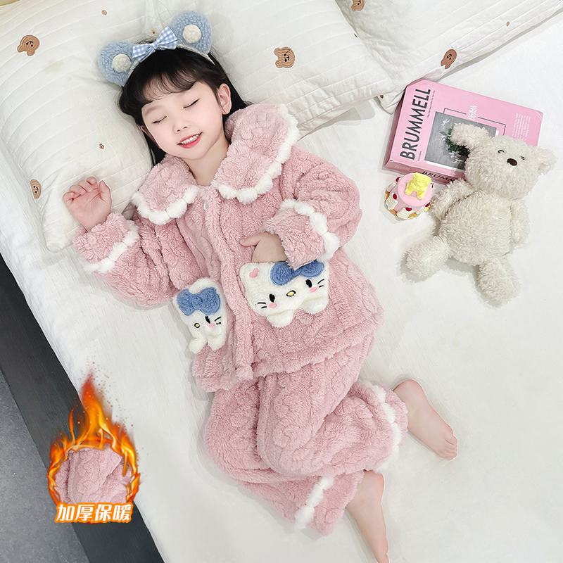 女童珊瑚绒开衫睡衣秋冬款儿童猫咪家居服公主套装宝宝保暖法兰绒