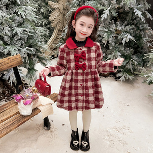 女童红色格子毛呢外套裙2026新款儿童韩版洋气秋冬季新年大衣保暖