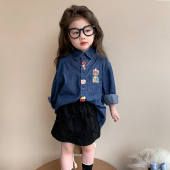 春装 女童牛仔衬衫 儿童洋气衬衣女宝宝小熊春季 2026新款 上衣 春秋款