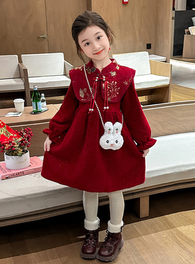 女童中国风连衣裙金领喜庆宝宝过年拜年服裙子冬季红色新年冬装