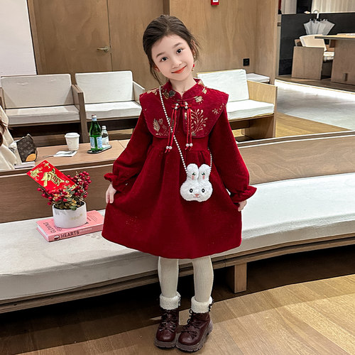 女童中国风连衣裙金领喜庆宝宝过年拜年服裙子冬季红色新年冬装