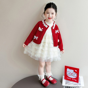 女童春秋蝴蝶结裙子春装2026新款儿童红色春季连衣裙女宝宝公主裙