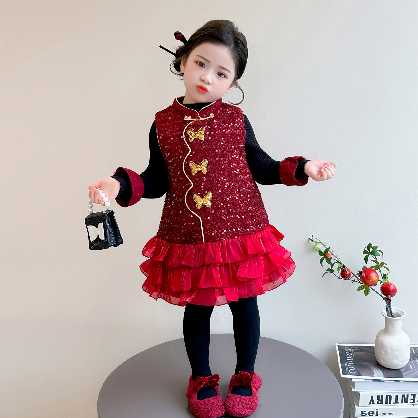 女童连衣裙冬季2025新款儿童宝宝新年装喜庆中国风旗袍裙子拜年服